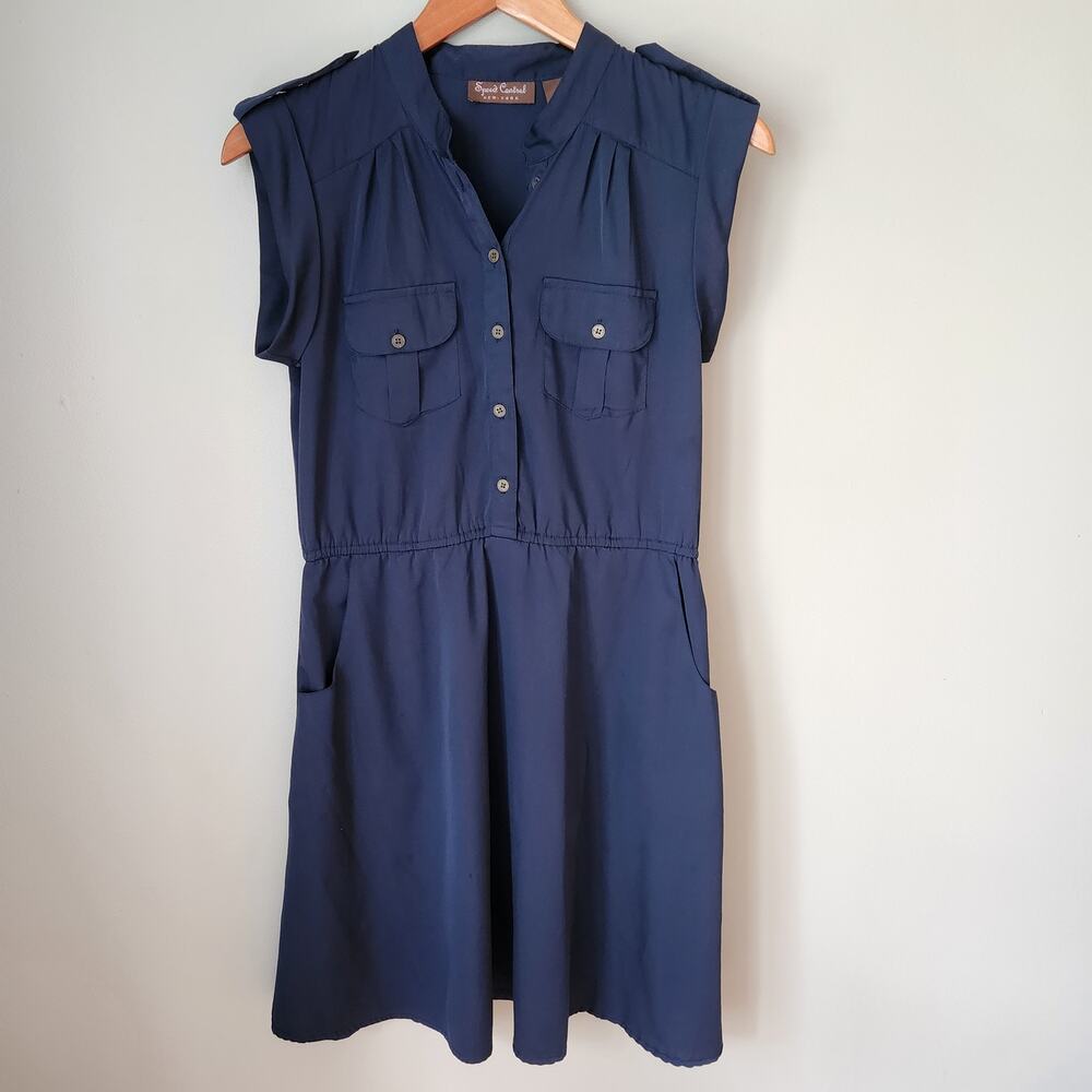 Speed Control Navy Blue Shirt Dress With Pockets